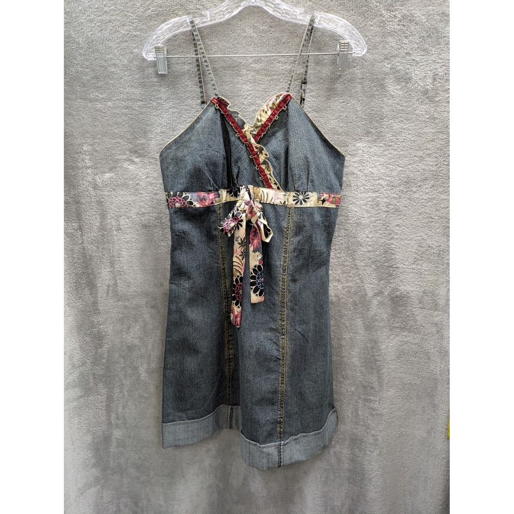 Denim Jean Mini Dress Womens Medium Floral Ruffle Trim Y2K Western‎ Boho Casual